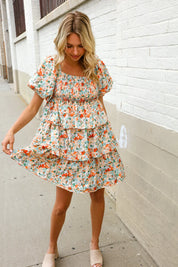 Find Love Floral Print Smocked Neck Puff Sleeve Ruffle Tiered Dress | Daverri Fashions