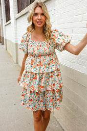 Find Love Floral Print Smocked Neck Puff Sleeve Ruffle Tiered Dress | Daverri Fashions
