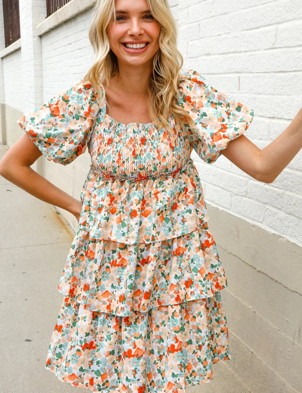 Find Love Floral Print Smocked Neck Puff Sleeve Ruffle Tiered Dress | Daverri Fashions