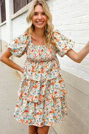 Find Love Floral Print Smocked Neck Puff Sleeve Ruffle Tiered Dress | Daverri Fashions