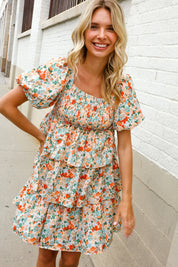 Find Love Floral Print Smocked Neck Puff Sleeve Ruffle Tiered Dress | Daverri Fashions