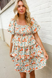 Find Love Floral Print Smocked Neck Puff Sleeve Ruffle Tiered Dress | Daverri Fashions