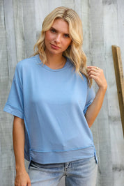 Look My Way Denim Hi-Lo French Terry Outseam Pullover | Daverri Fashions