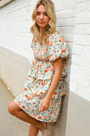 Find Love Floral Print Smocked Neck Puff Sleeve Ruffle Tiered Dress | Daverri Fashions