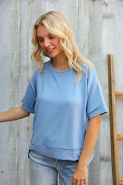 Look My Way Denim Hi-Lo French Terry Outseam Pullover | Daverri Fashions