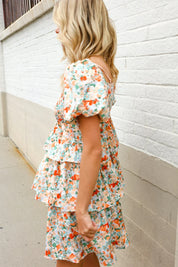 Find Love Floral Print Smocked Neck Puff Sleeve Ruffle Tiered Dress | Daverri Fashions