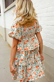 Find Love Floral Print Smocked Neck Puff Sleeve Ruffle Tiered Dress | Daverri Fashions