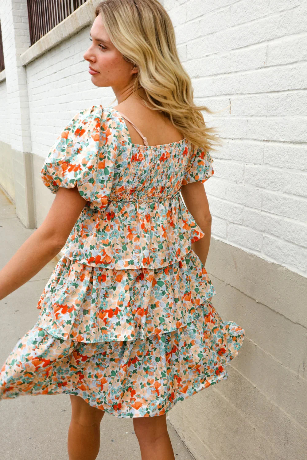 Find Love Floral Print Smocked Neck Puff Sleeve Ruffle Tiered Dress | Daverri Fashions