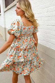 Find Love Floral Print Smocked Neck Puff Sleeve Ruffle Tiered Dress | Daverri Fashions