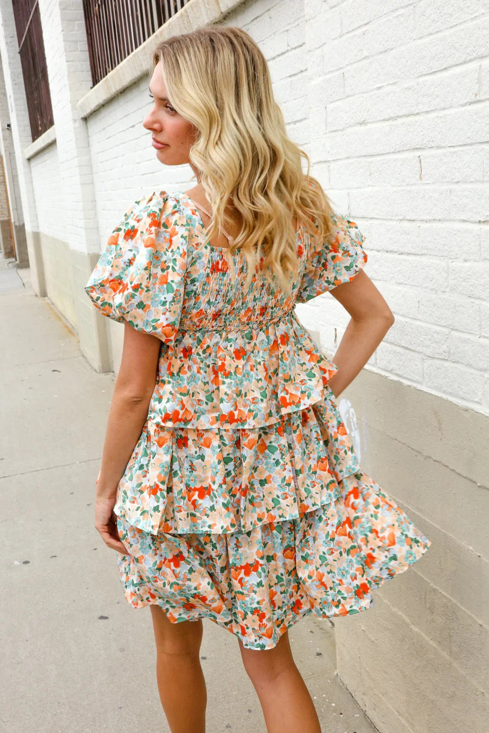 Find Love Floral Print Smocked Neck Puff Sleeve Ruffle Tiered Dress | Daverri Fashions