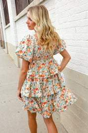 Find Love Floral Print Smocked Neck Puff Sleeve Ruffle Tiered Dress | Daverri Fashions