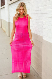 The Perfect Find Hot Pink Pointelle Sleeveless Side Slit Midi Coverup | Daverri Fashions