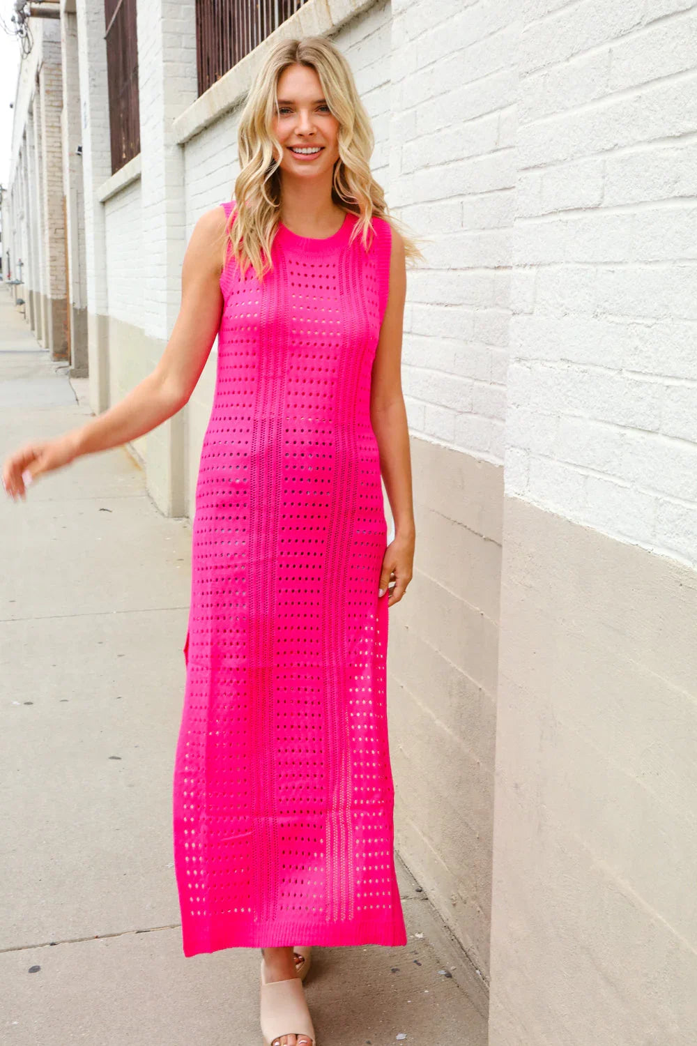 The Perfect Find Hot Pink Pointelle Sleeveless Side Slit Midi Coverup | Daverri Fashions