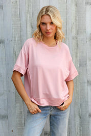 Look My Way Blush Hi-Lo French Terry Outseam Pullover | Daverri Fashions