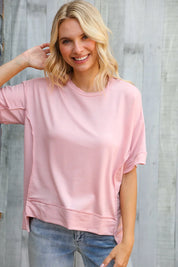 Look My Way Blush Hi-Lo French Terry Outseam Pullover | Daverri Fashions