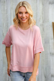 Look My Way Blush Hi-Lo French Terry Outseam Pullover | Daverri Fashions