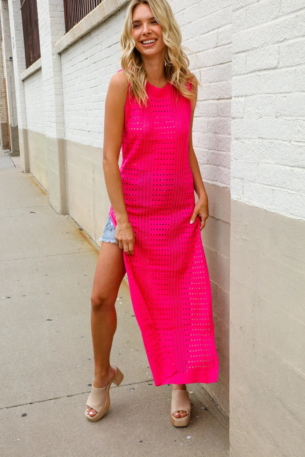 The Perfect Find Hot Pink Pointelle Sleeveless Side Slit Midi Coverup | Daverri Fashions