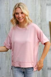 Look My Way Blush Hi-Lo French Terry Outseam Pullover | Daverri Fashions