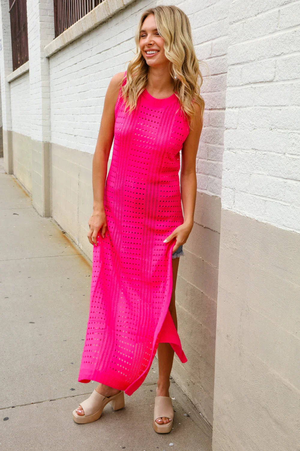 The Perfect Find Hot Pink Pointelle Sleeveless Side Slit Midi Coverup | Daverri Fashions