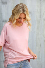 Look My Way Blush Hi-Lo French Terry Outseam Pullover | Daverri Fashions