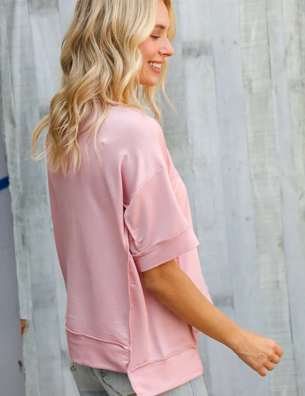 Look My Way Blush Hi-Lo French Terry Outseam Pullover | Daverri Fashions