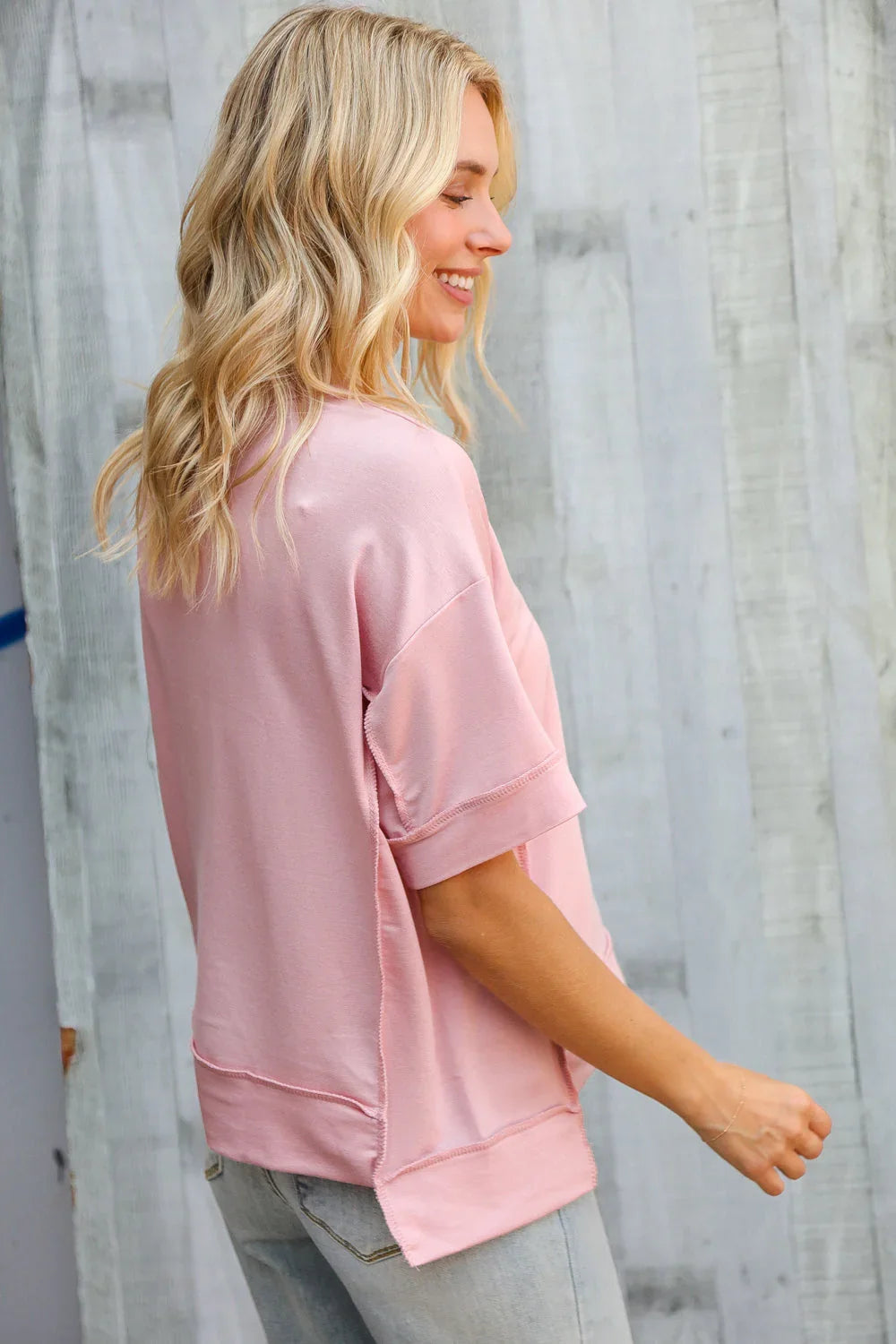 Look My Way Blush Hi-Lo French Terry Outseam Pullover | Daverri Fashions