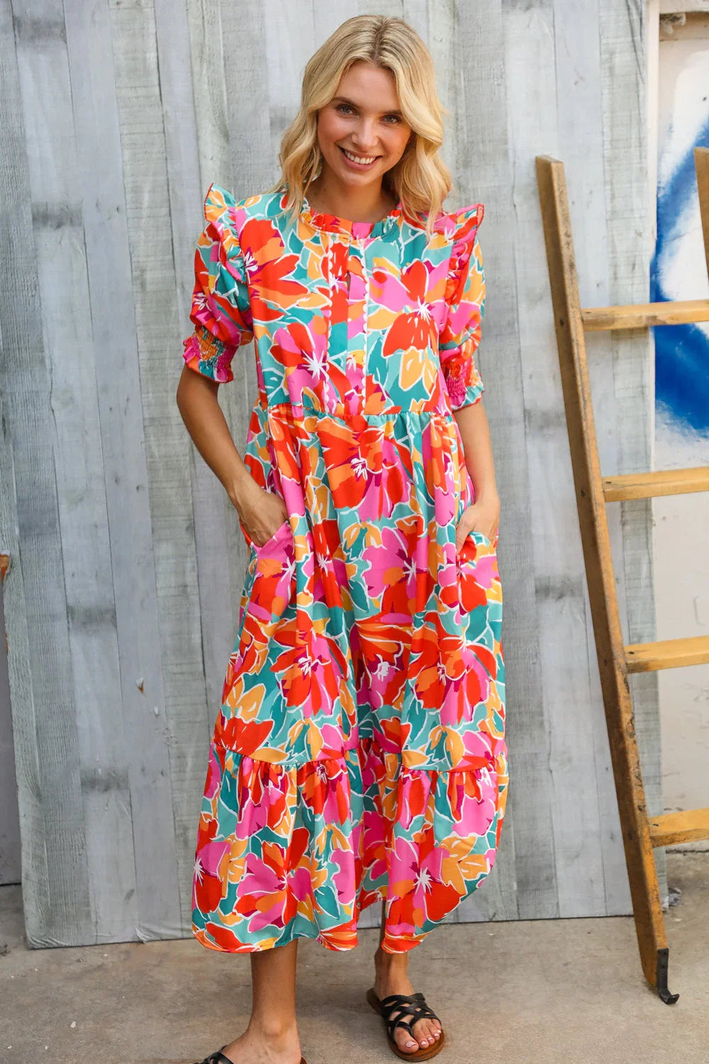 Dazzle In Orange & Aqua Floral Smocked Notched Neck Midi Dress | Daverri Fashions