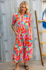 Dazzle In Orange & Aqua Floral Smocked Notched Neck Midi Dress | Daverri Fashions