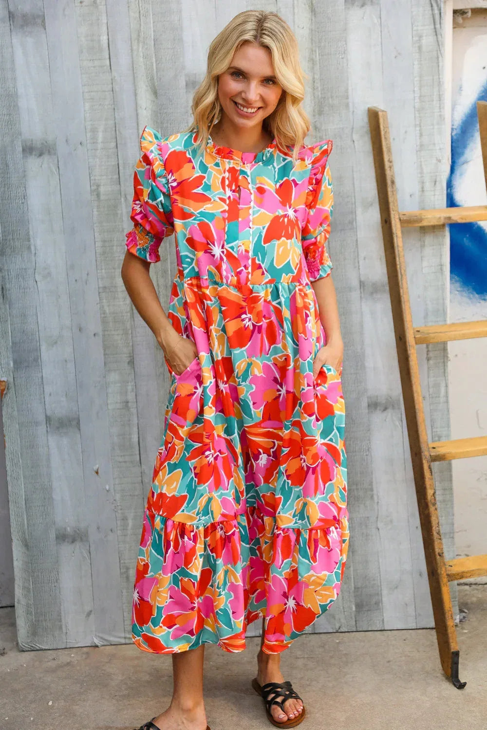 Dazzle In Orange & Aqua Floral Smocked Notched Neck Midi Dress - DAVERRI FASHIONS