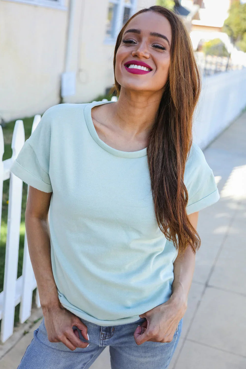 Casual Living Sage Terry Capped Short Sleeve Patch Back Tee | Daverri Fashions