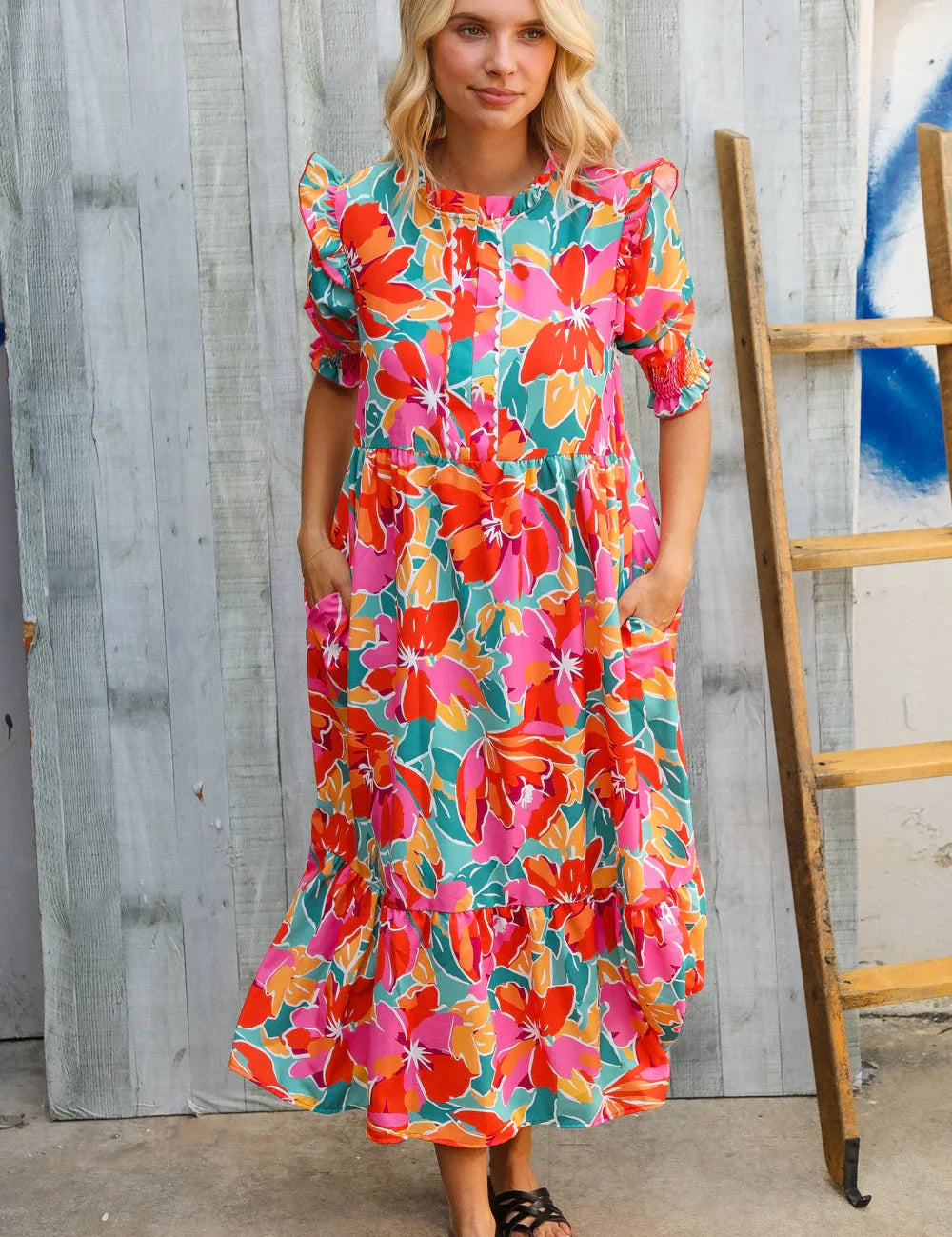 Dazzle In Orange & Aqua Floral Smocked Notched Neck Midi Dress | Daverri Fashions