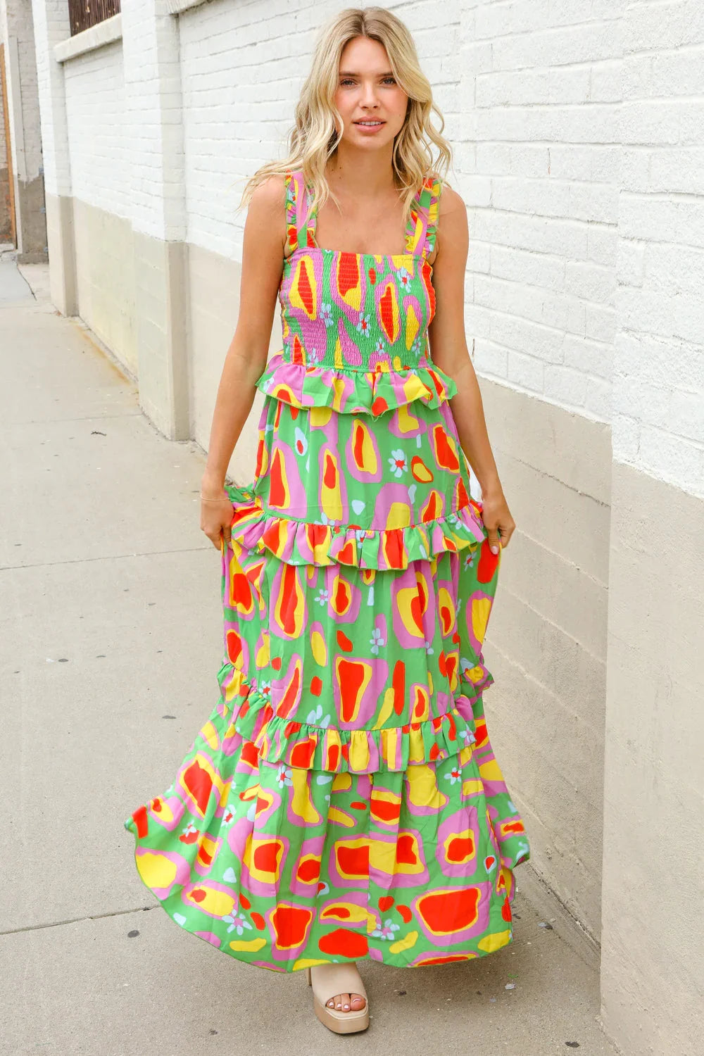 Sunny Days Abstract Print Tiered Ruffle Smocked Sleeveless Maxi | Daverri Fashions