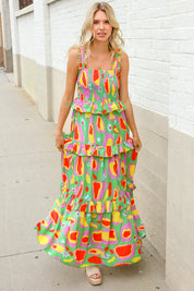 Sunny Days Abstract Print Tiered Ruffle Smocked Sleeveless Maxi | Daverri Fashions