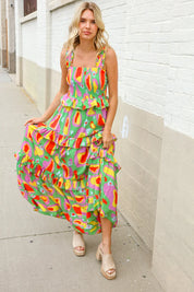 Sunny Days Abstract Print Tiered Ruffle Smocked Sleeveless Maxi | Daverri Fashions