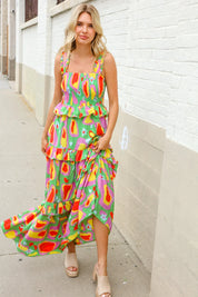 Sunny Days Abstract Print Tiered Ruffle Smocked Sleeveless Maxi | Daverri Fashions