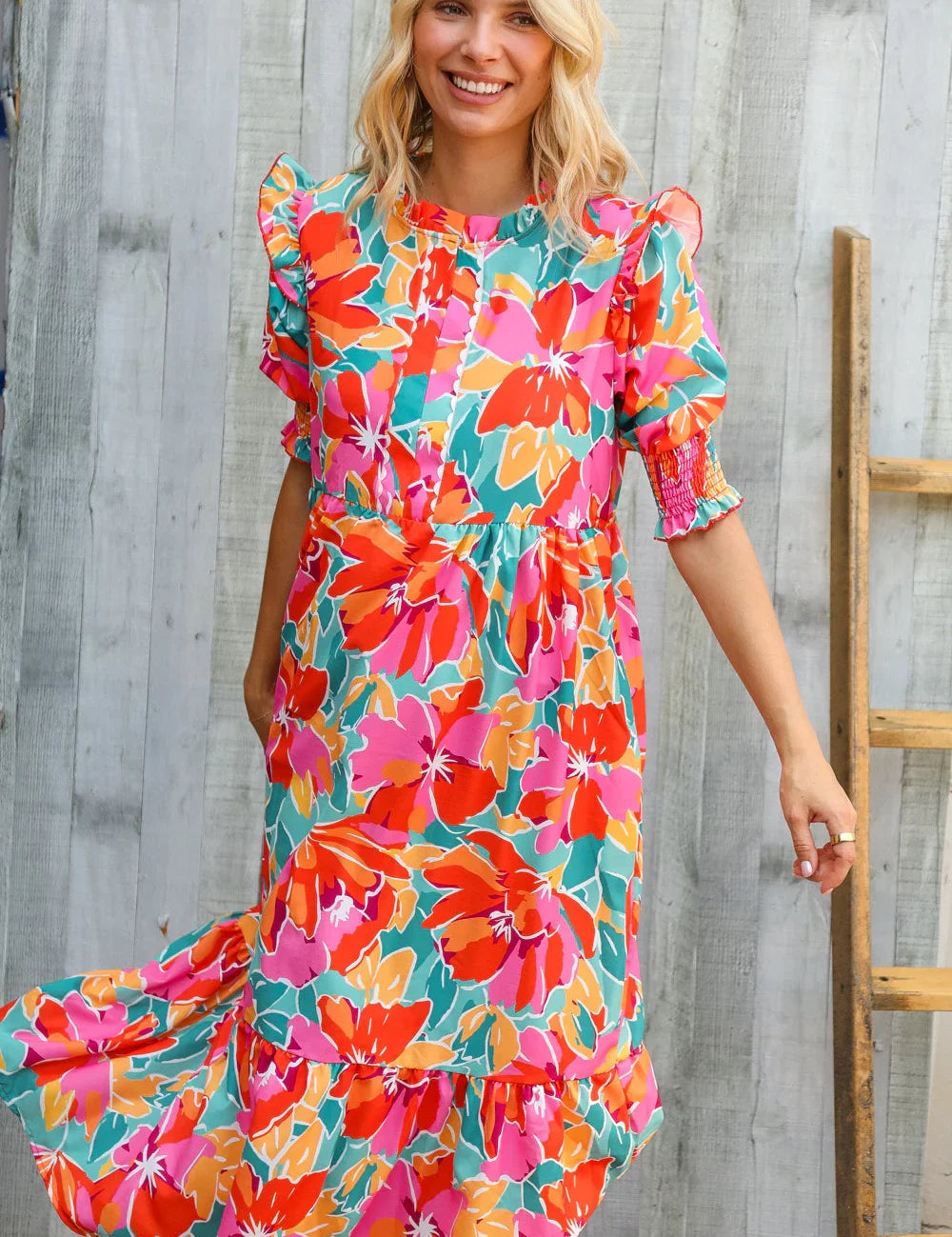 Dazzle In Orange & Aqua Floral Smocked Notched Neck Midi Dress | Daverri Fashions