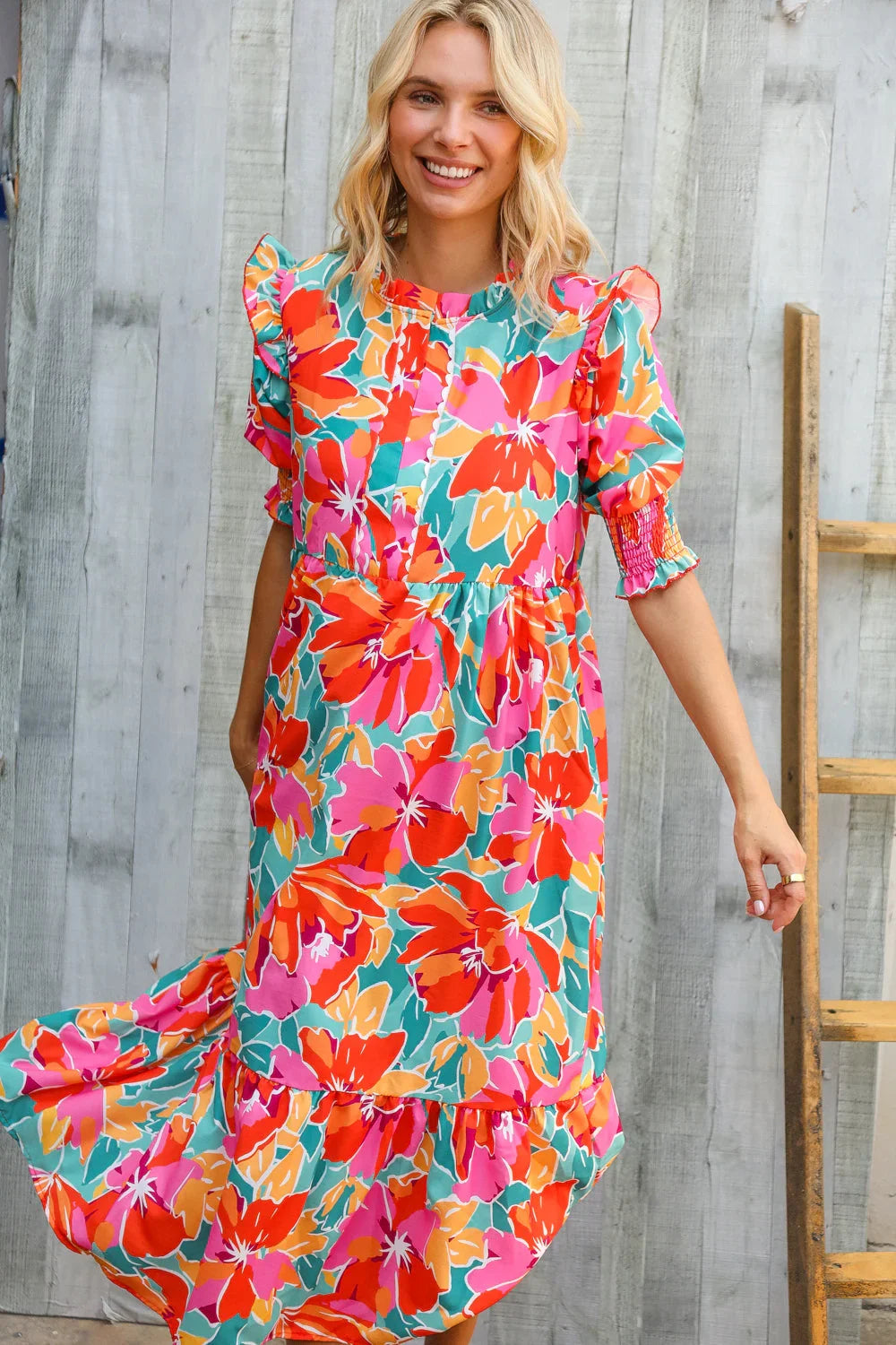 Dazzle In Orange & Aqua Floral Smocked Notched Neck Midi Dress | Daverri Fashions