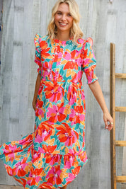Dazzle In Orange & Aqua Floral Smocked Notched Neck Midi Dress | Daverri Fashions