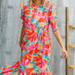 Dazzle In Orange & Aqua Floral Smocked Notched Neck Midi Dress - DAVERRI FASHIONS