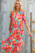 Dazzle In Orange & Aqua Floral Smocked Notched Neck Midi Dress - DAVERRI FASHIONS
