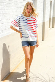 Patriotic Red & Blue Stripe Drop Shoulder Oversize Sweater Top | Daverri Fashions