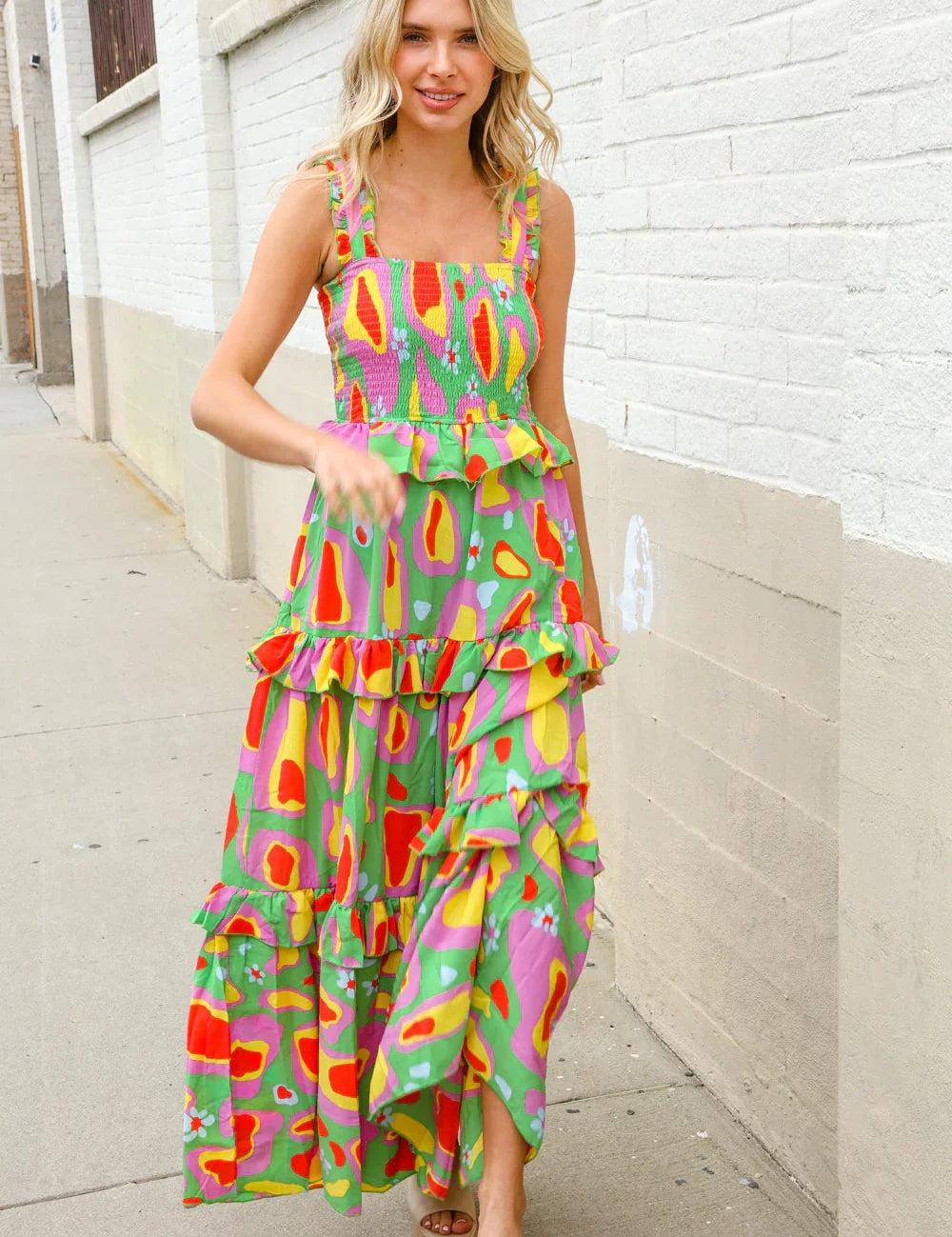 Sunny Days Abstract Print Tiered Ruffle Smocked Sleeveless Maxi | Daverri Fashions