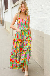 Sunny Days Abstract Print Tiered Ruffle Smocked Sleeveless Maxi | Daverri Fashions