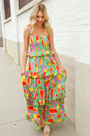 Sunny Days Abstract Print Tiered Ruffle Smocked Sleeveless Maxi | Daverri Fashions
