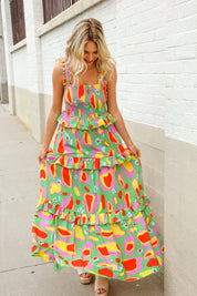 Sunny Days Abstract Print Tiered Ruffle Smocked Sleeveless Maxi | Daverri Fashions