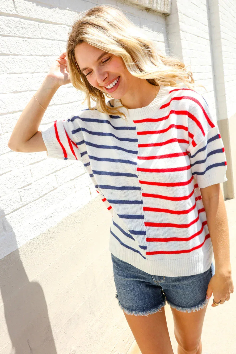 Patriotic Red & Blue Stripe Drop Shoulder Oversize Sweater Top - DAVERRI FASHIONS