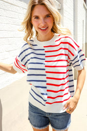 Patriotic Red & Blue Stripe Drop Shoulder Oversize Sweater Top | Daverri Fashions