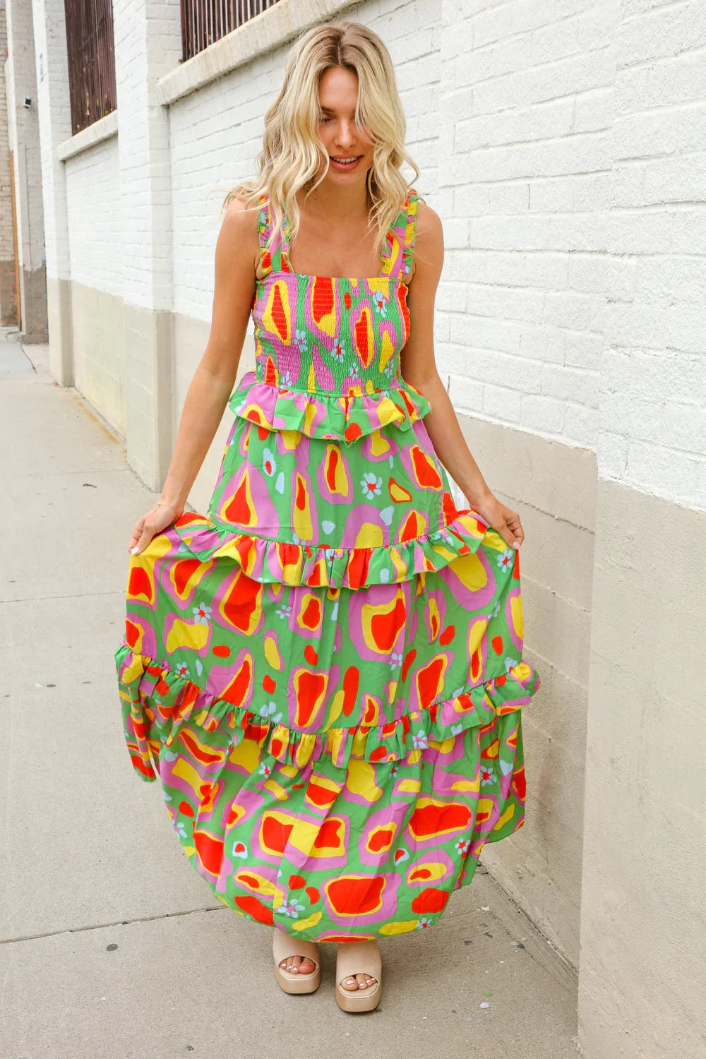 Sunny Days Abstract Print Tiered Ruffle Smocked Sleeveless Maxi | Daverri Fashions