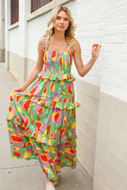 Sunny Days Abstract Print Tiered Ruffle Smocked Sleeveless Maxi | Daverri Fashions