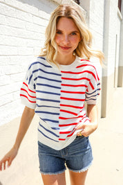 Patriotic Red & Blue Stripe Drop Shoulder Oversize Sweater Top | Daverri Fashions